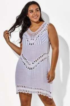 White V-neck Crochet Sleeveless Cover Up