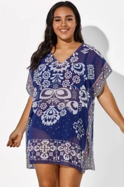 Navy Blue Fashion Floral Print Cover Up -Luna Marina Store b cscu007 2