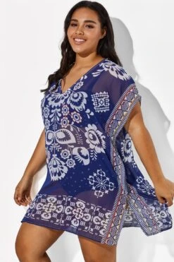 Navy Blue Fashion Floral Print Cover Up -Luna Marina Store b cscu007 3