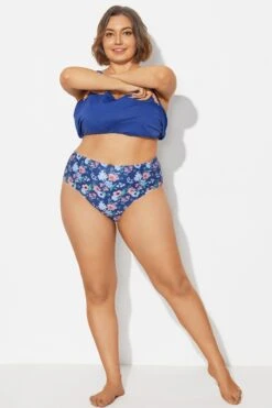 Navy Blue Floral High Waist Plus Size Bottom -Luna Marina Store b debt002022 3