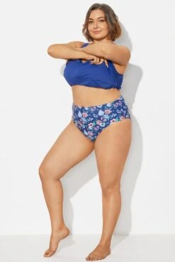 Navy Blue Floral High Waist Plus Size Bottom -Luna Marina Store b debt002022 4