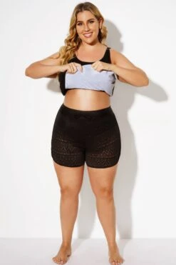 Black Hollow Out Lace Overlay Swim Short