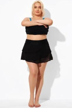 Black High Waisted Layered Black Swim Skirt