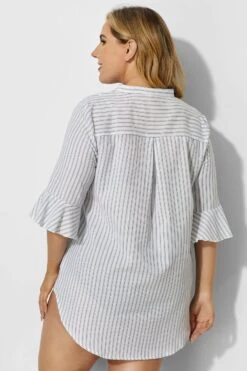 V-Neck Stripe Button Up Cover Up Shirt -Luna Marina Store b decu002 3