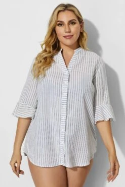 V-Neck Stripe Button Up Cover Up Shirt -Luna Marina Store b decu002 4