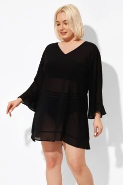 Black Ruffle Hem V-neck Tunic Cover Up -Luna Marina Store b decu023 3