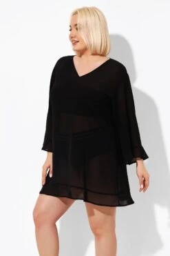 Black Ruffle Hem V-neck Tunic Cover Up -Luna Marina Store b decu023 4