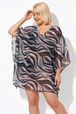 Wave Printed V-neck Caftan Beach Cover Up