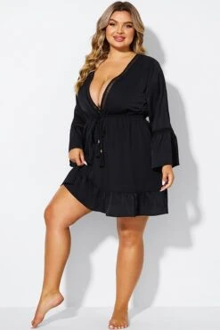Black Low Neck & Tassel V-Neck Cover Up Tunic -Luna Marina Store b decu040 4