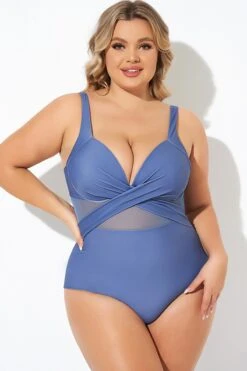 Blue Cut Out Mesh Adjustable Straps One Piece Swimsuit
