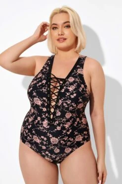 Black Floral Printed Lace Up One Piece Swimsuit 12 Black Floral Printed Lace Up One Piece Swimsuit -Luna Marina Store b deop008004 5