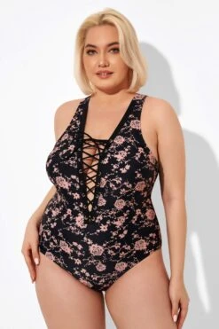 Black Floral Printed Lace Up One Piece Swimsuit 13 Black Floral Printed Lace Up One Piece Swimsuit -Luna Marina Store b deop008004 6