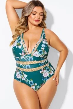 Floral Print Plunge V-neck One Piece Swimsuit -Luna Marina Store b deop033006 3