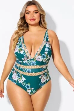 Floral Print Plunge V-neck One Piece Swimsuit -Luna Marina Store b deop033006 4