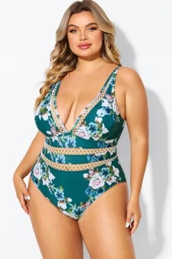 Floral Print Plunge V-neck One Piece Swimsuit -Luna Marina Store b deop033006 5