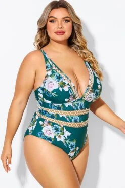 Floral Print Plunge V-neck One Piece Swimsuit -Luna Marina Store b deop033006 6