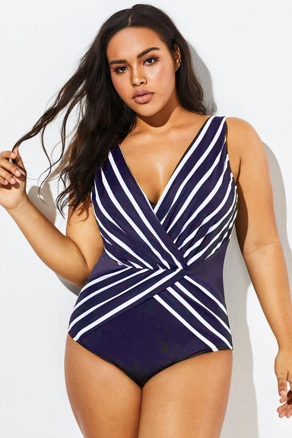 Blue And White Stripe Mesh One Piece Swimsuit 3 Blue And White Stripe Mesh One Piece Swimsuit