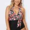 Vintage Flower Faux Wrap Halter One Piece Swimsuit -Luna Marina Store b deop035001 1