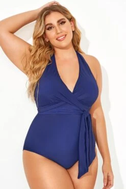 Blue Faux V-neck Women One Piece Swimsuit -Luna Marina Store b deop035003 2
