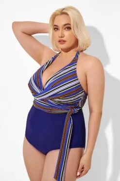 Purple Faux Wrap Halter One Piece Swimsuit -Luna Marina Store b deop035005 3