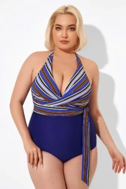 Purple Faux Wrap Halter One Piece Swimsuit -Luna Marina Store b deop035005 4