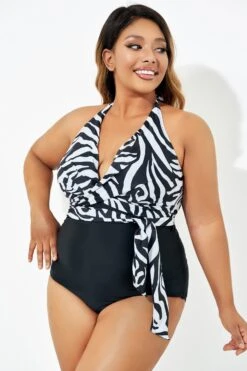 Black & White Faux Wrap Halter One Piece Swimsuit 10 Black & White Faux Wrap Halter One Piece Swimsuit -Luna Marina Store b deop035006 3