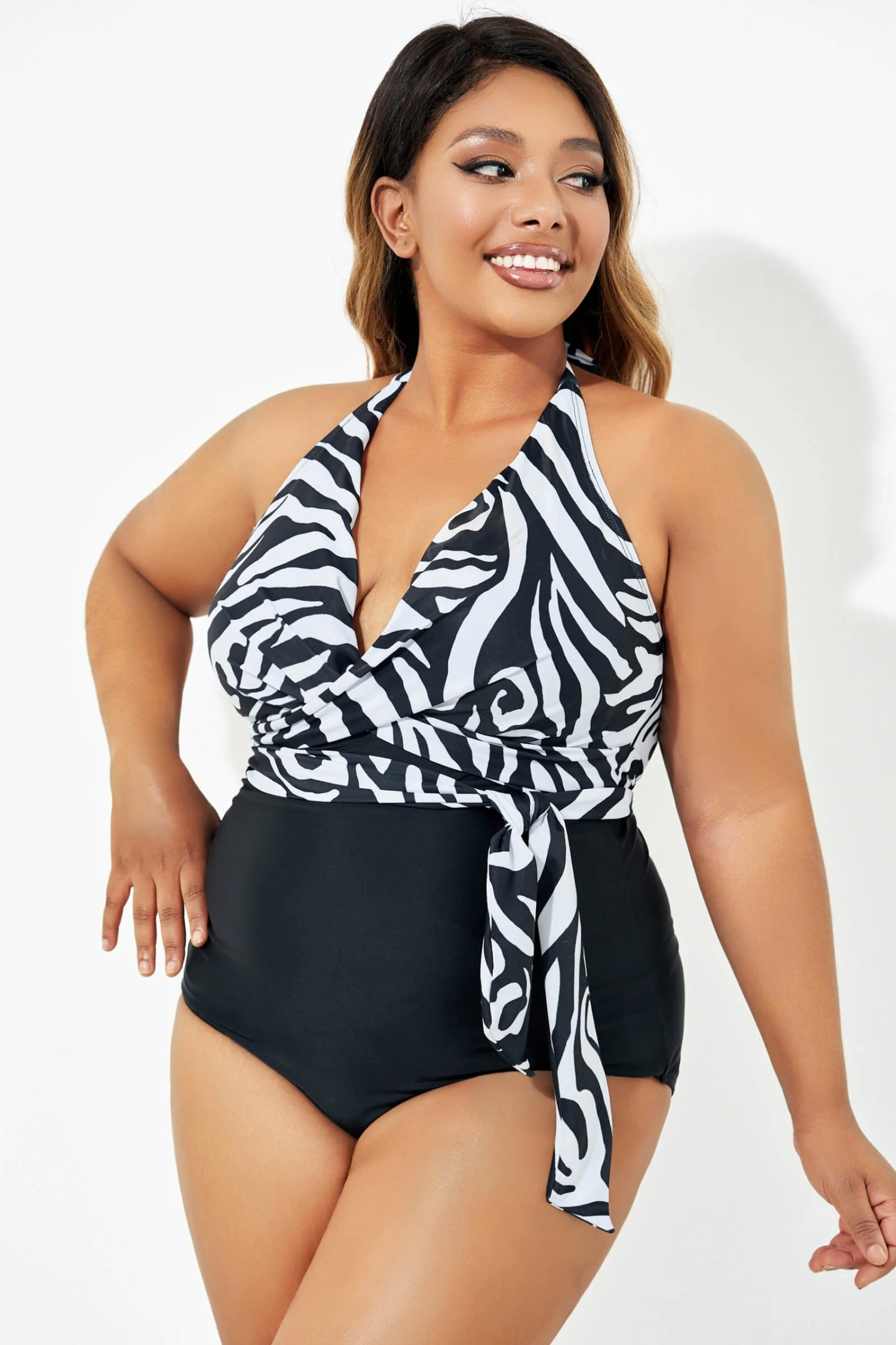 Black & White Faux Wrap Halter One Piece Swimsuit 5 Black & White Faux Wrap Halter One Piece Swimsuit - Image 3