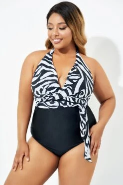 Black & White Faux Wrap Halter One Piece Swimsuit 11 Black & White Faux Wrap Halter One Piece Swimsuit -Luna Marina Store b deop035006 4