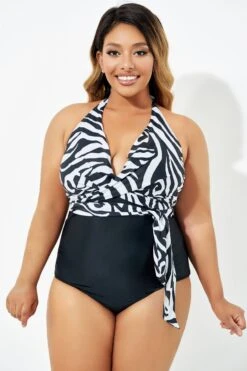 Black & White Faux Wrap Halter One Piece Swimsuit 13 Black & White Faux Wrap Halter One Piece Swimsuit -Luna Marina Store b deop035006 6