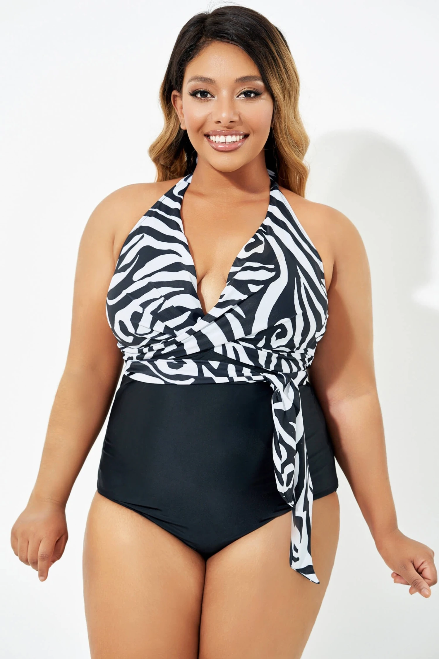 Black & White Faux Wrap Halter One Piece Swimsuit 8 Black & White Faux Wrap Halter One Piece Swimsuit - Image 6