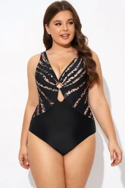 Pattern Ring Plunge Women One Piece Swimsuit -Luna Marina Store b deop061003 1