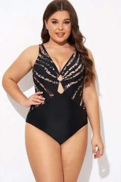 Pattern Ring Plunge Women One Piece Swimsuit -Luna Marina Store b deop061003 3