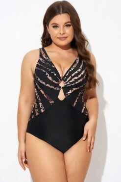 Pattern Ring Plunge Women One Piece Swimsuit -Luna Marina Store b deop061003 4