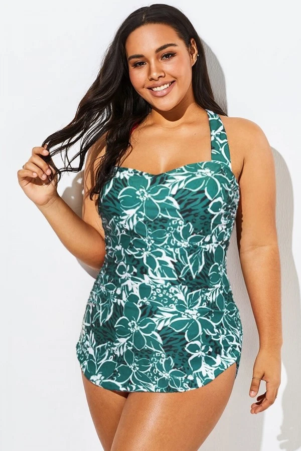 Flower Printed H-Back Sarong Front One Piece Swimsuit 3 Flower Printed H-Back Sarong Front One Piece Swimsuit