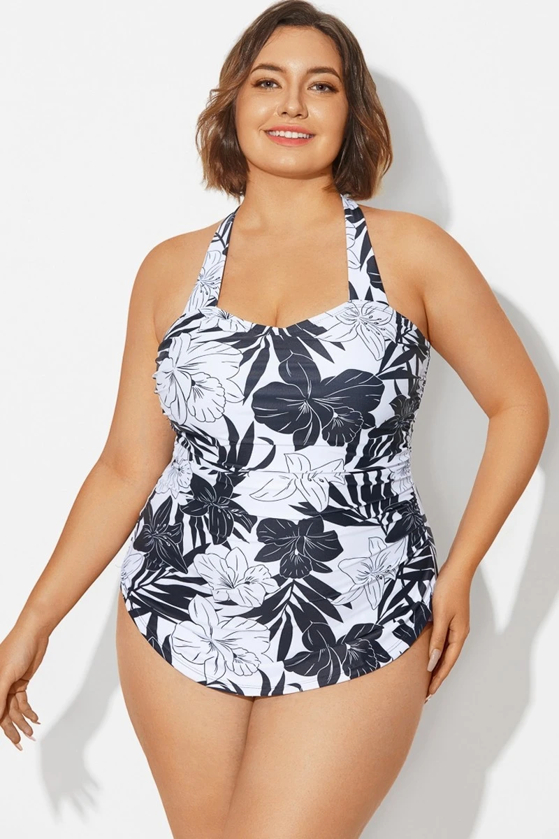 Black&White Floral Sarong One Piece Swimsuit 3 Black&White Floral Sarong One Piece Swimsuit