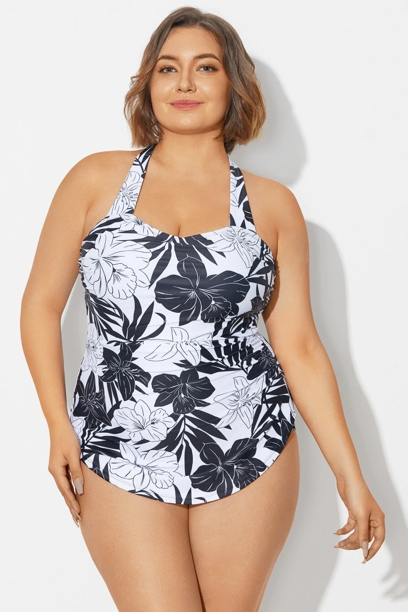 Black&White Floral Sarong One Piece Swimsuit 5 Black&White Floral Sarong One Piece Swimsuit - Image 3