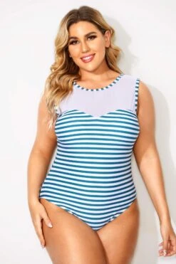 Blue & White Stripes Mesh One Piece Swimsuit