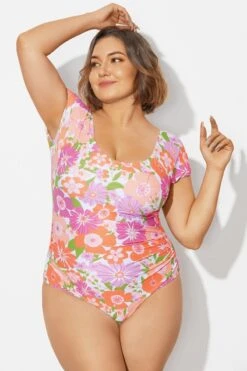 Floral Print Short Sleeve Elastic One Piece Swimsuit -Luna Marina Store b deop090012 4