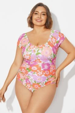 Floral Print Short Sleeve Elastic One Piece Swimsuit -Luna Marina Store b deop090012 5