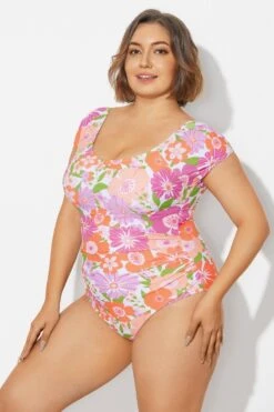 Floral Print Short Sleeve Elastic One Piece Swimsuit -Luna Marina Store b deop090012 6