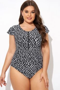 Floral Frill Sleeve Women One Piece Swimsuit -Luna Marina Store b deop093006 3