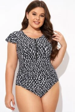 Floral Frill Sleeve Women One Piece Swimsuit -Luna Marina Store b deop093006 4 1