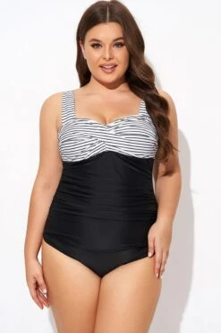 Black Stripe Wide Straps One Piece Swimsuit -Luna Marina Store b deop097004 3