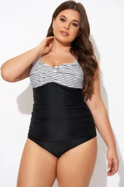 Black Stripe Wide Straps One Piece Swimsuit -Luna Marina Store b deop097004 5