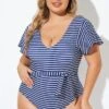 Blue And White Stripe Women One Piece Swimsuit -Luna Marina Store b deop124005 1 1