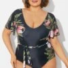 Floral Print Ruffle Sleeves One Piece Swimsuit -Luna Marina Store b deop124007 1