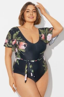 Floral Print Ruffle Sleeves One Piece Swimsuit -Luna Marina Store b deop124007 6