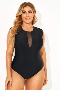 Black Sexy Mesh Shoulder One Piece Swimsuit 11 Black Sexy Mesh Shoulder One Piece Swimsuit -Luna Marina Store b deop143001 1