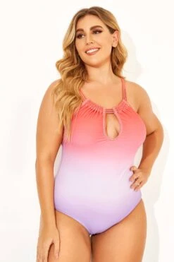 Ombre Color Keyhole Halter Top One Piece Swimsuits -Luna Marina Store b deop152001 3
