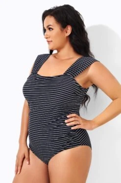 Black & White Striped Thick Strap One Piece Swimsuit -Luna Marina Store b deop163001 2